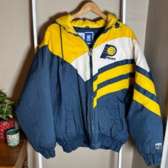 Vintage 90's Logo 7 Indiana Pacers Full Zip Puffer Jacket Size L NBA Reggie - Picture 1 of 11